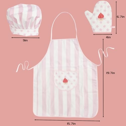 Kid Apron and Chef Hat Set, 3 Pcs Children Cooking Baking Set Kits Role Pink - Picture 2 of 6