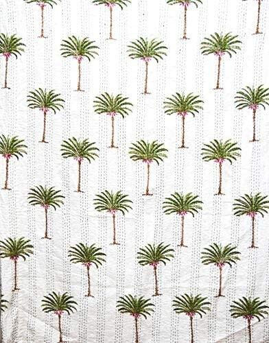 Indian Queen Cotton Kantha Quilt Throw Blanket Hand Palm Tree Throw Blanket - Picture 6 of 7