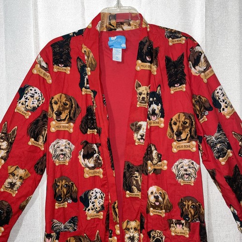 Nick & Nora Lined Robe Dogs Milk Bone Treats Red W/Dog Faces 100% Cotton Sz S/M - Picture 4 of 18