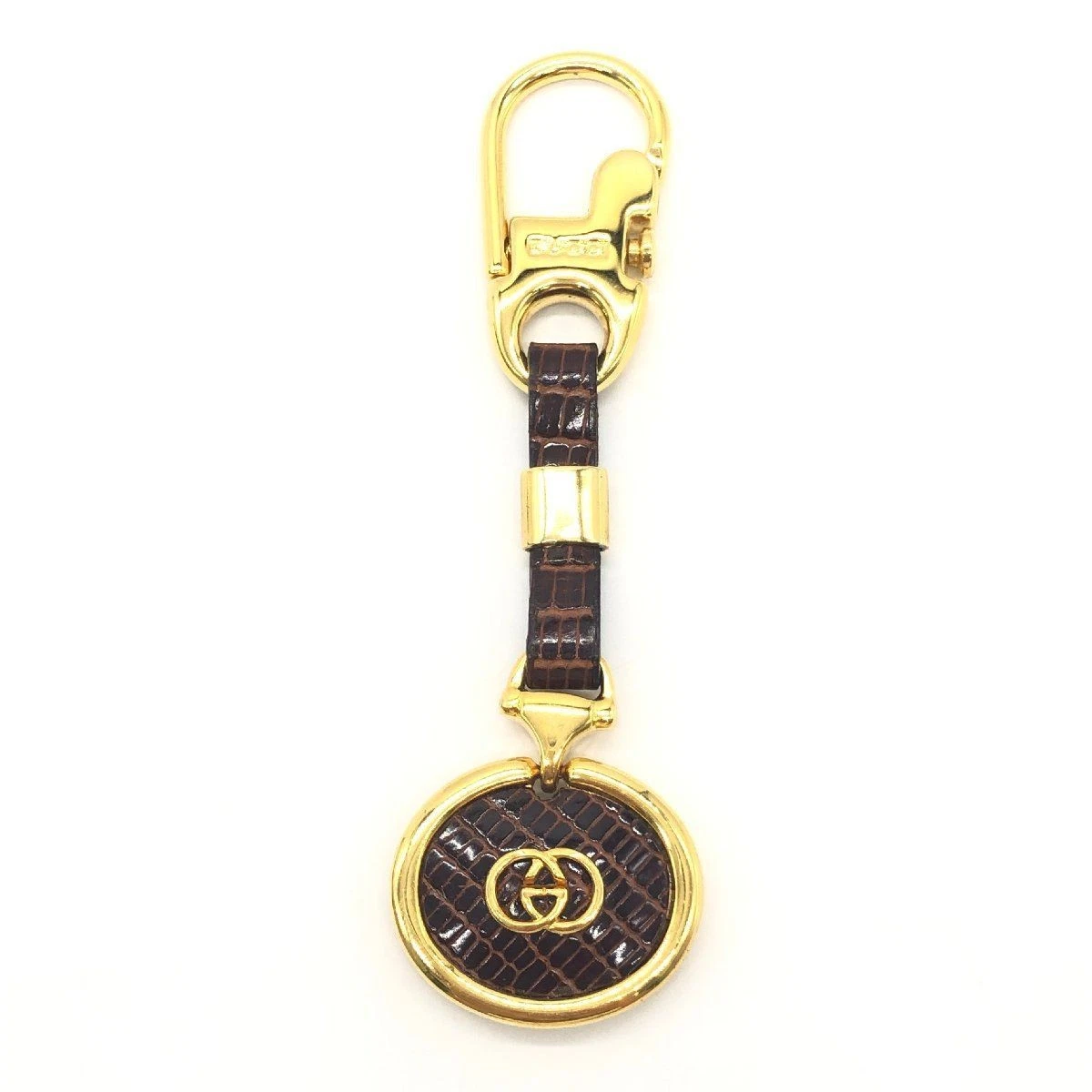 Porte clés GUCCI crocodile en relief marron or imbriqué crochet clé G accessoires