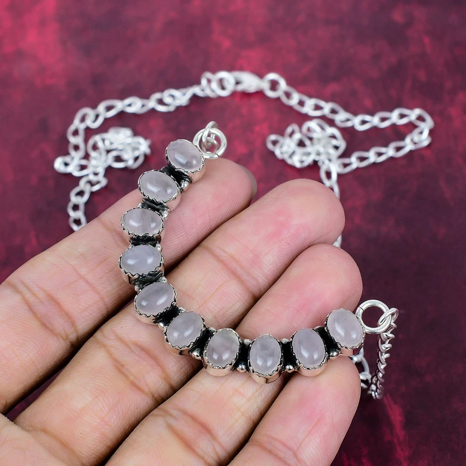 Collar de joyería bohemia de plata de ley 925 hecho a mano con piedras preciosas de cuarzo rosa Foto 2 de 4