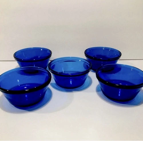 Vtg Anchor Hocking Cobalt Blue Glass Set of 5 Custard Cups Ramekin 6oz