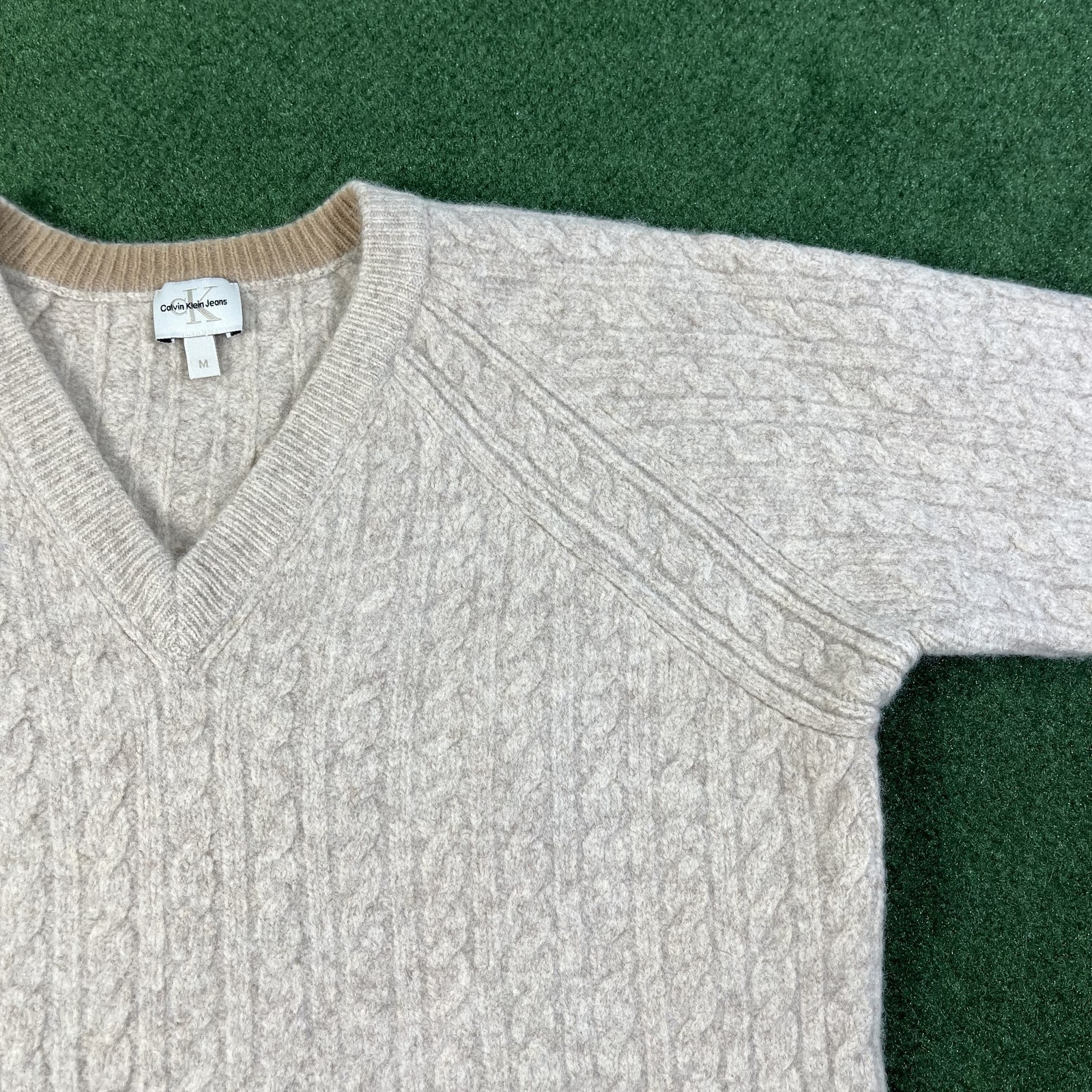 Calvin Klein Jeans Men's Sweater Heather Gray Cable Knit V Neck Size M gu image 8