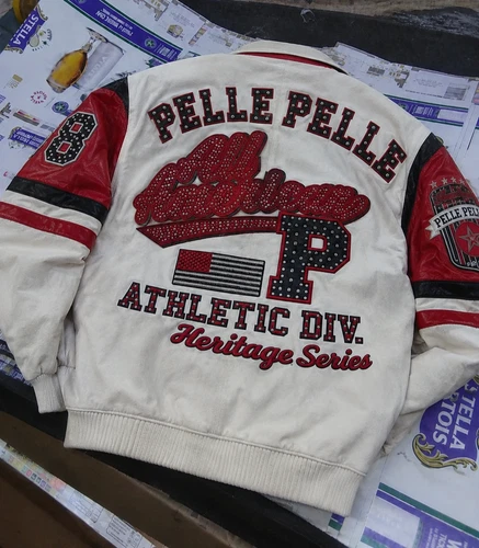 Men’s White and Red Leather Varsity Jacket, Studded Letterman Bomber Jacket image 4