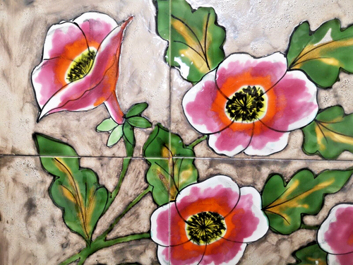 ARDECO VALLAURIS Tolles Tablett Korbgeflecht und Steingutfliesen Dekor Hagebutten - Bild 2 von 7