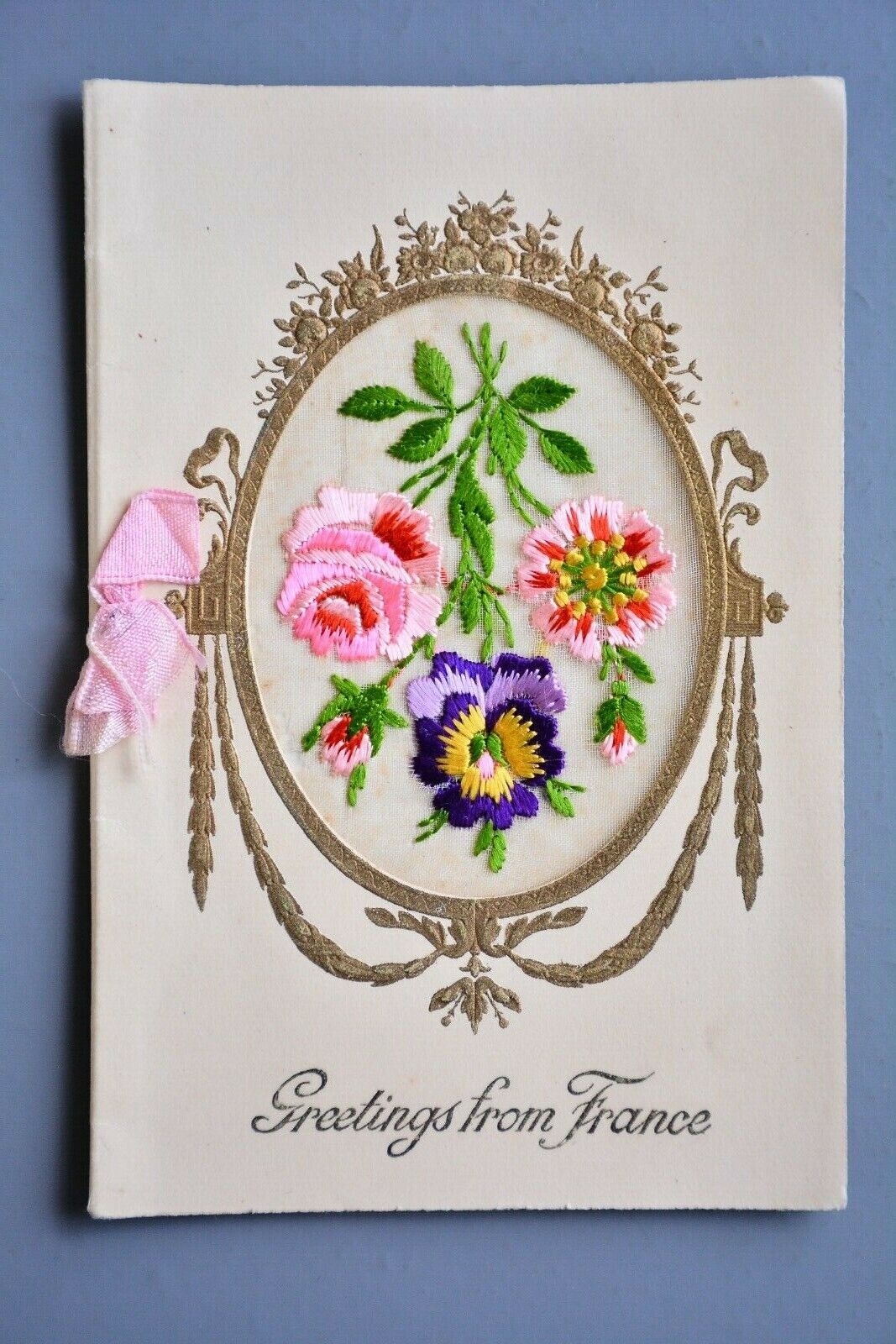 Antique Greetings Card WW1 Embroidered Silk, Greetings From France