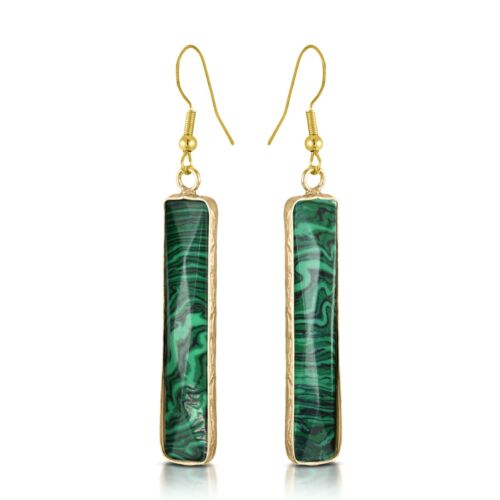 Beautiful Green Rectangular Malachite Gold-Plated Silver Dangle Earrings - Picture 2 of 5