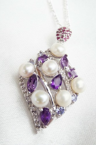 Genuine Pearl Amethyst Iolite Ruby White Topaz Pendant Sterling Silver Necklace - Picture 5 of 6