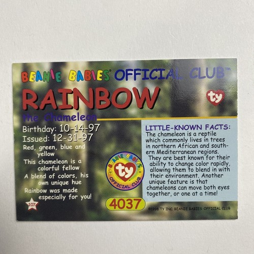 Rainbow Chameleon 1998 Series I 4037 Beanie Babies Official Club Trading Card - Picture 2 of 2