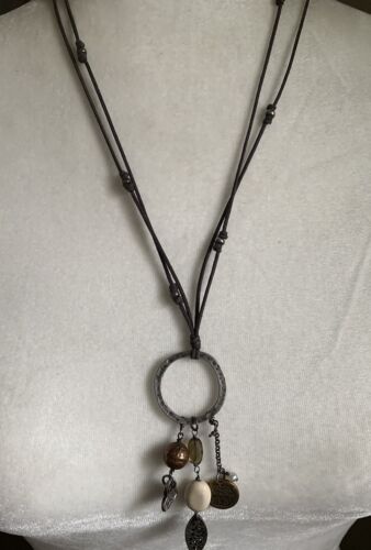 Silpada Sterling Silver 925 Oxidized Circle Pendant With Dangles Cord Necklace - Picture 2 of 6