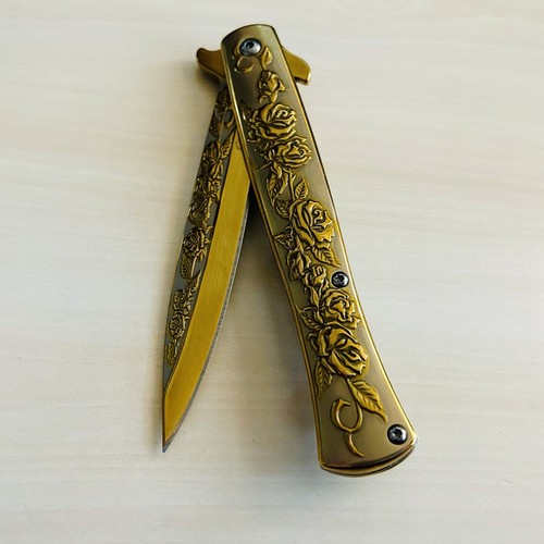 9” Gold Rose Tactical Spring Assisted Open Blade Folding Pocket Knife Hunting - Picture 3 of 5