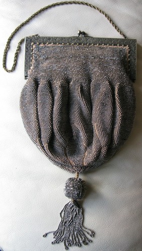 Antique Tan Crochet Silver French Steel Micro Bead Tassel Satin Lined Purse - Picture 2 of 12