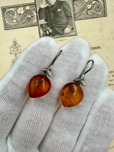 VINTAGE russian Earrings SILVER 875 Stone Natural BALTIC AMBER JEWELRY old Egg - Picture 17 of 24
