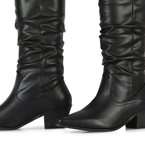 Womens Knee High Boots Low Heel Pointed Toe Ladies Western Pleated Cowboy Size - Picture 13 of 19
