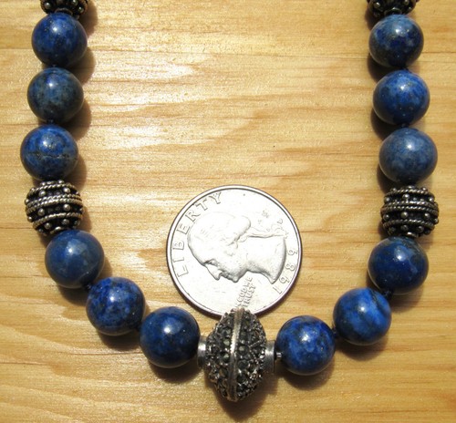 COLLANA VINTAGE 9 MM LAPISLAZZULI E STERLINE CON PERLE MARCASITE 17"/71 GRAMMI BELLA! - Foto 2 di 7