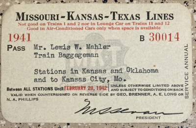 1941 Missouris Kansas Texas Railroad Railway Lines Jahreskarte