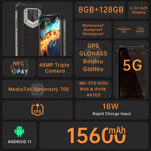 OUKITEL WP15 5G 6.5" 8 128GB Octa Core 48MP IP68 15600mAh Rugged Phone Android - Picture 5 of 5