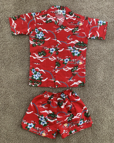 Vtg NWOT Royal Creations Hawaiian Aloha Red Floral/Rainbows Shirt/Shorts Boys-12