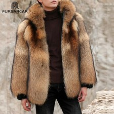 Men's Whole Skin Natural Real Raccoon Fur Coat with Hood Winter Real Fur Jacket