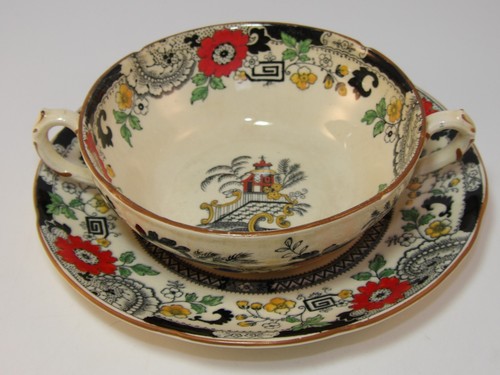 Cupé y platillo vintage Coalport Kings Ware Canton borde negro años 30 en muy buena condición - Imagen 1 de 15