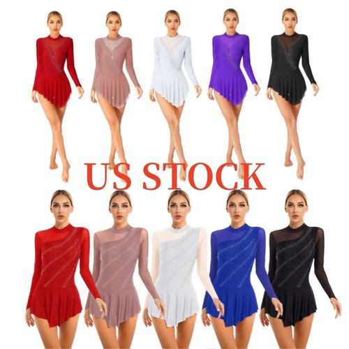 Damen Eislaufkleid Langarm Strass Netz Lyrisch Tanztrikot - Bild 3 von 102