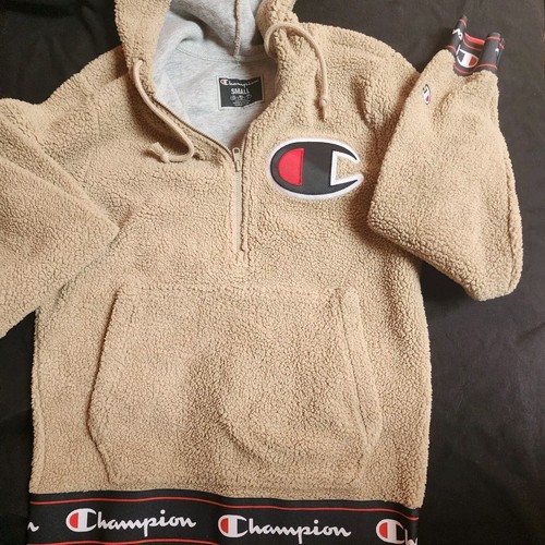 Champion Ltd S Sherpa Deep Pile Fleece Hoodie Big C Sweatshirt 1/2 Zip Tan SM - Picture 2 of 3
