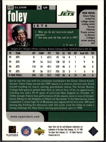 1998 UD Choice Glenn Foley Reserve Choice #122 New York Jets - Picture 2 of 2