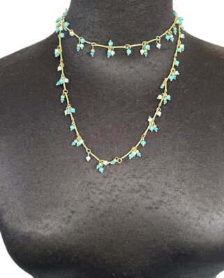 Marlyn Schiff Long Silver Links And Blue Beads Necklace 37.5  Vintage