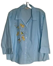 TIA Women Blue Finch BirdsStripe Blouse 3/4 Sleeve EUC Lightweight Size LARGE