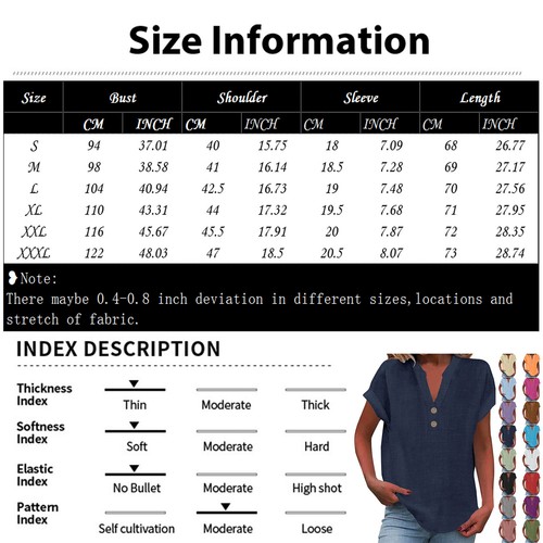 Women's V-Neck Short Sleeve Cotton Linen Blouse Top Lightweight Summer Shirt - Picture 21 of 61