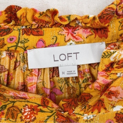 Loft Women's M Floral Metallic Short Sleeve Blouse Yellow - Picture 7 of 8