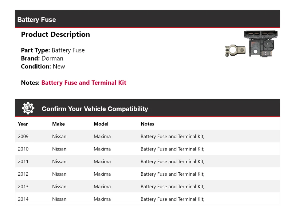 Fusible de batería para Nissan Máxima Dorman 2009-2014 2010 2011 2012 2013 Foto 2 de 4