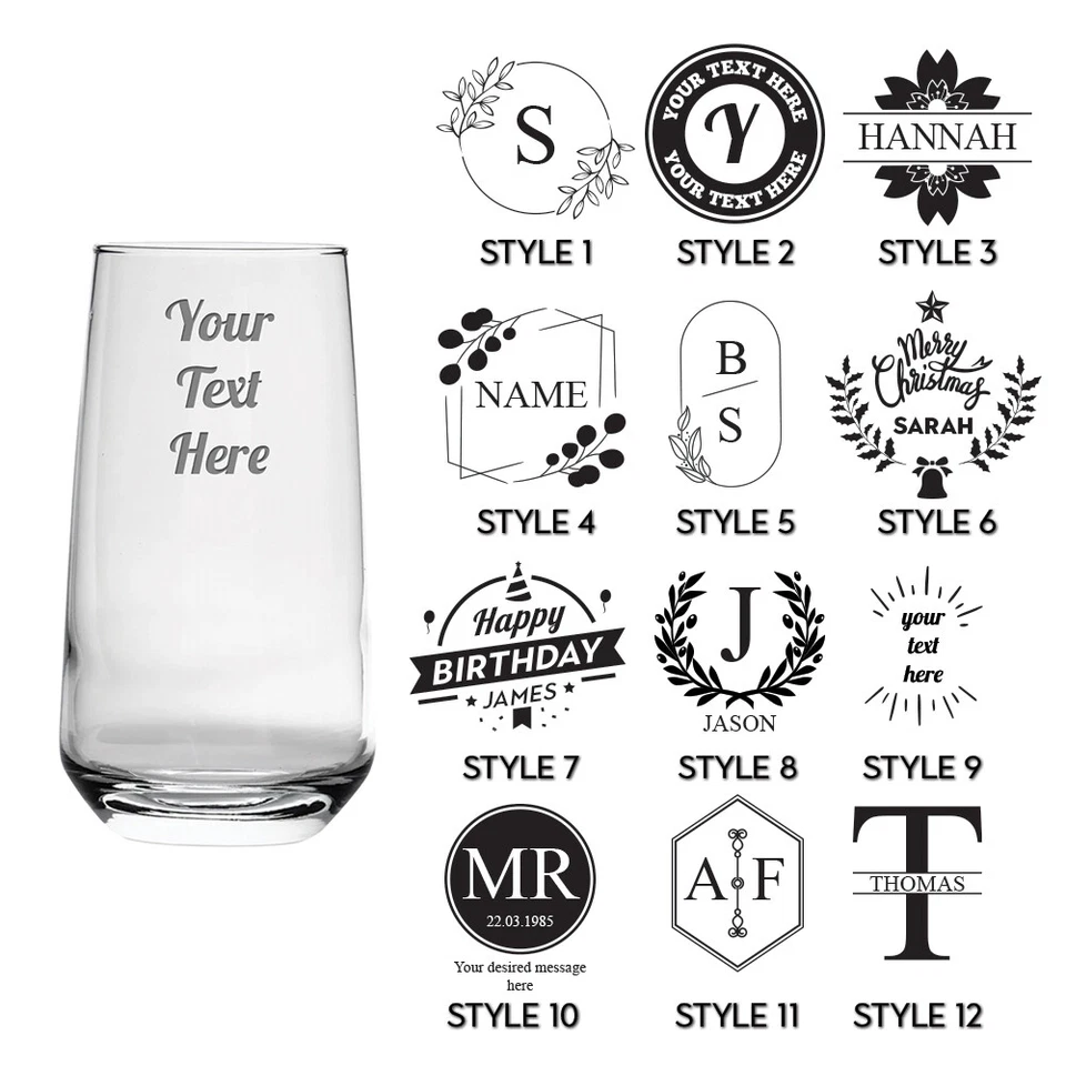 Personalised Engraved Tall Glass Your Own Text Etched Glassware Gift