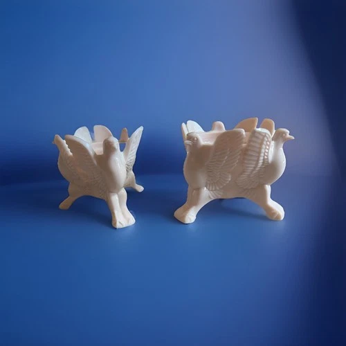 2 VNTG 1950s JEANNETTE LOMBARDI SHELL PINK MILK GLASS EAGLE DOVE CANDLE HOLDERS