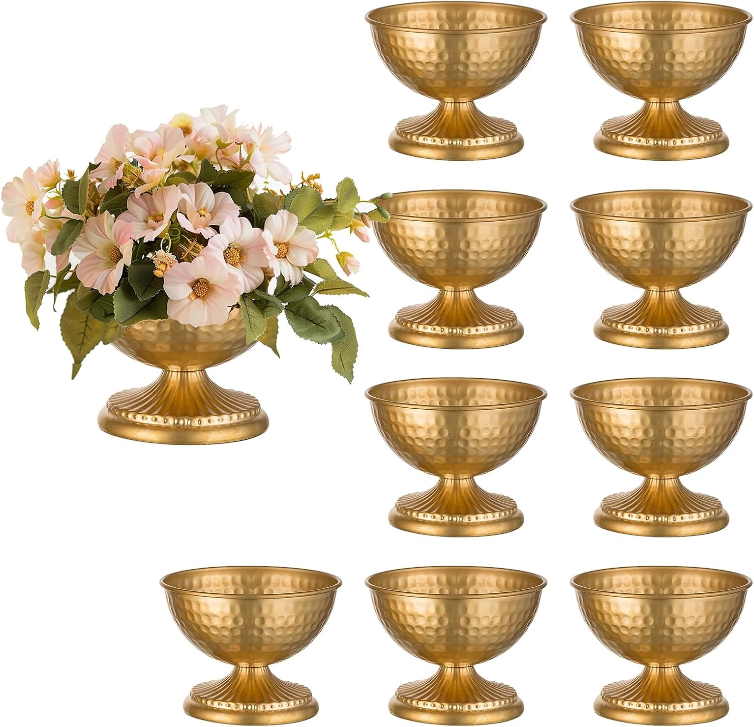 Vintage Gold Urn Vases Set of 10 for Weddings & Parties - Hammered Metal Decor