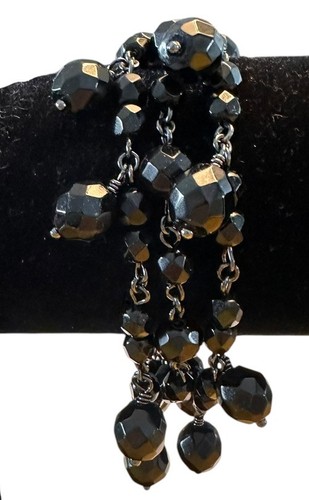 VTG Black Chain Triple Strand Bracelet W/ Faceted Black Beads 8” & Toggle Clasp - Picture 3 of 5