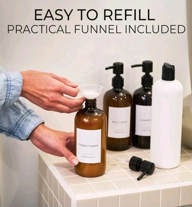 Elegante Juego de 3 Dispensadores de Champú y Acondicionador - Moderno 21oz - Con Etiquetas Foto 3 de 3