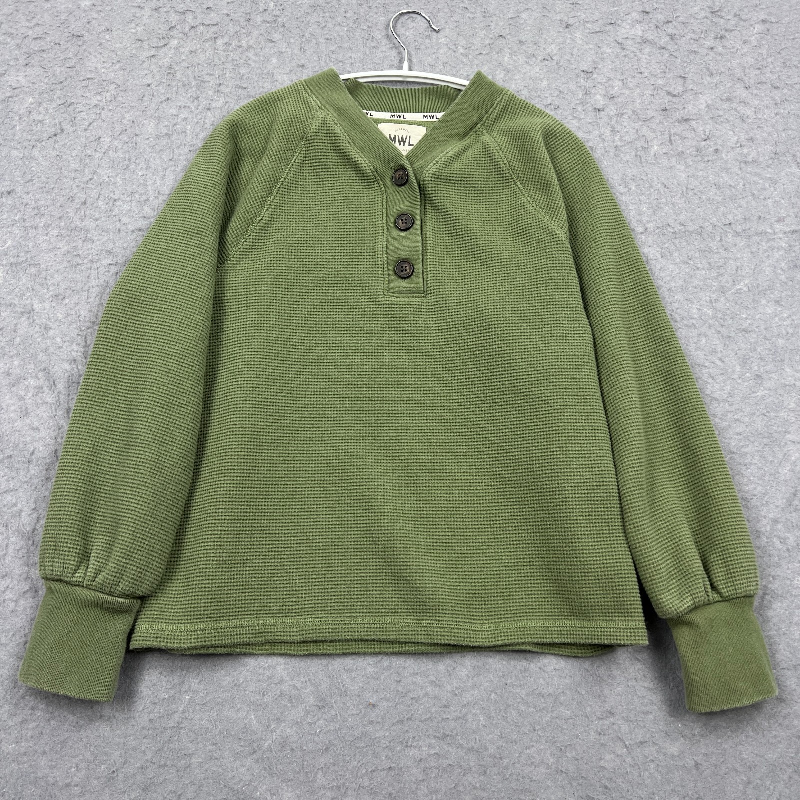 Madewell Top Women's Medium Green MWL Textured Waffle V-Neck Henley Sweatshirt