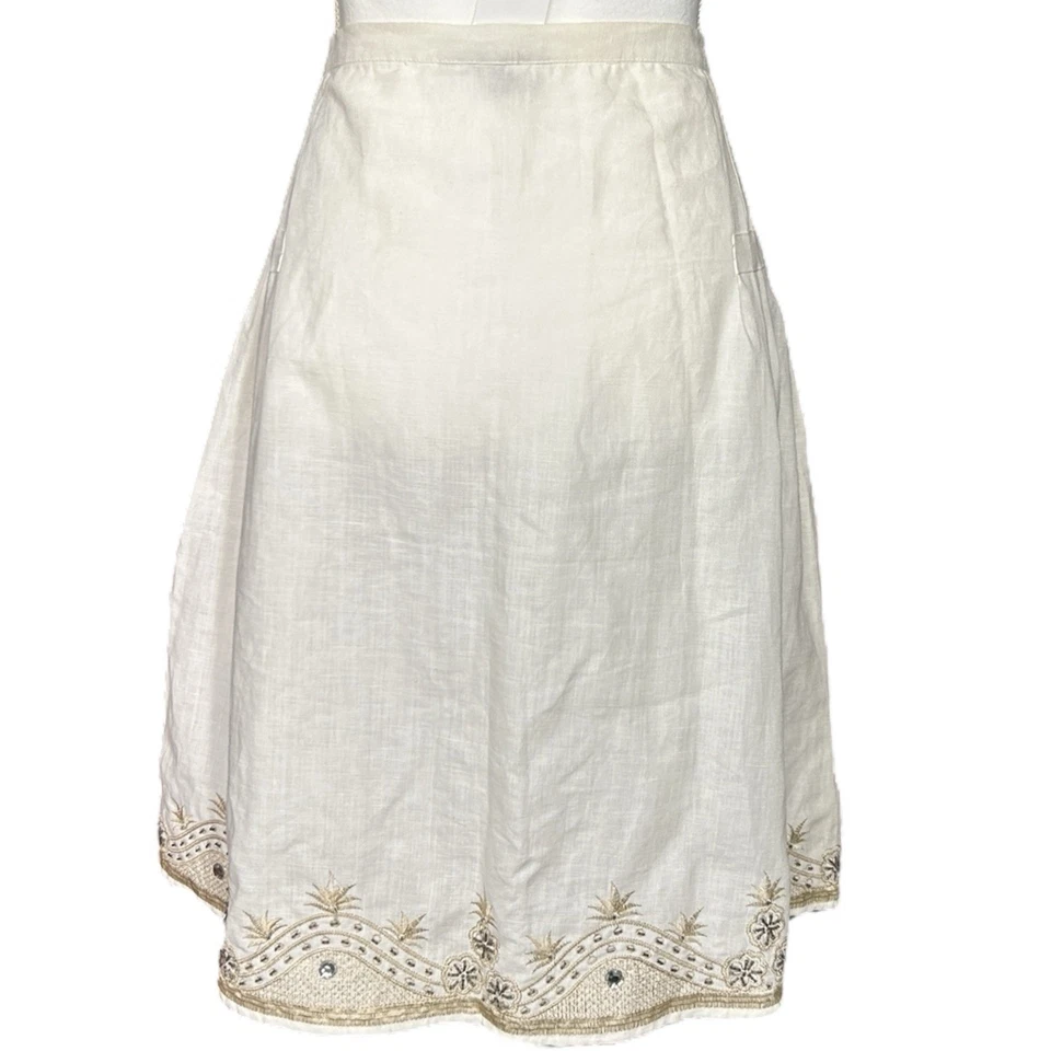 ANNE CARSON Womens Skirt Ivory Linen Beige Embroidery  Beaded Knee Length sz 14 - Image 2 of 4