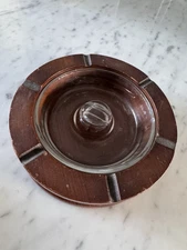 Vintage Mid Century Round Ashtray Wood Clear Glass Insert Two Piece