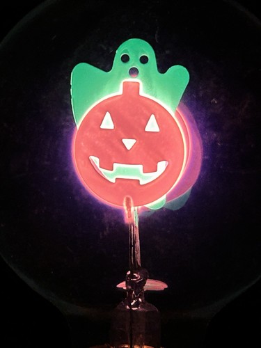 Vintage Neon HALLOWEEN TESLA Glühbirne grün leuchtender GEIST & orange Jack-O-Laterne! - Bild 2 von 24