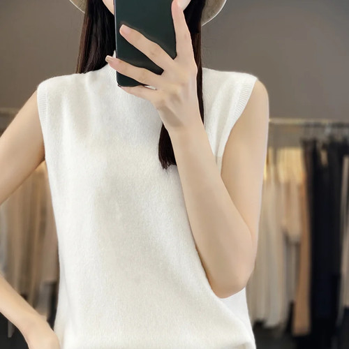 Mujeres Verano Medio Cuello Tortuga Chaleco Tejido Recortado Camiseta sin Mangas Suave Pullover Suéter - Imagen 8 de 11