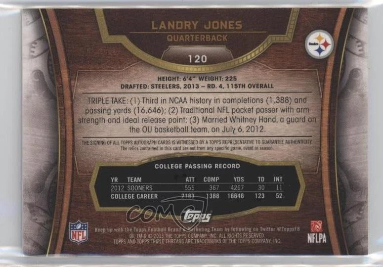 2013 Topps Triple Threads Auto Relics Ruby /15 Landry Jones #120 Rookie RC - Image 2 of 2