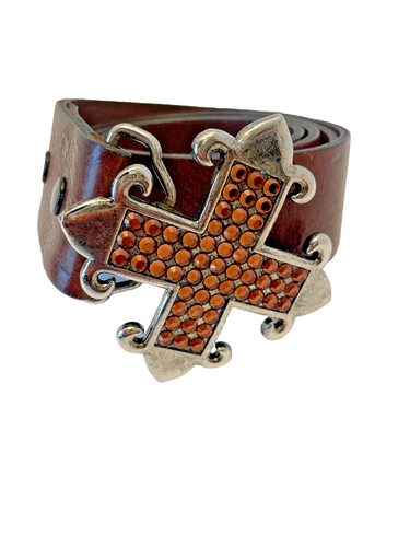 Rhinestone Square Cross Buckle Leather Belt by Joomi Joolz, 39", Made in U.S.A. - Picture 2 of 4