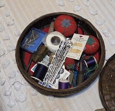Antique Pine Needle Sewing Basket, C. 1900&rsquo;s Peking Glass Accents W/contents