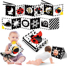 Tummy Time Toys, High Contrast Baby Book with Mirror Teether, Black and White