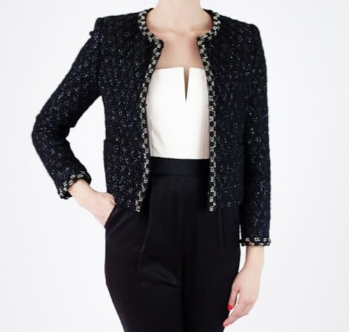 ALICE+ OLIVIA Black Tweed Embellished Open Front Jacket 4 S Small Tweed NEU - Bild 1 von 9