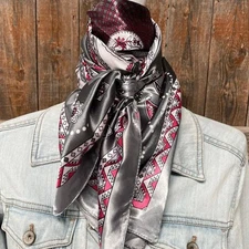 Grey Red Pink Paisley Printed Western Southwestern Wild Rag Scarf Accent