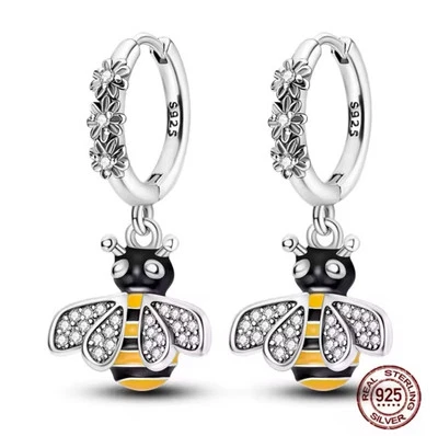 Paire De Boucles D’Oreilles En Argent 925 Fleurs D’Abeille Jaune Et Émail - Photo 1/4