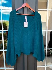 NWT Savage Fenty Sweater Large Teal Blue Reflection Oversized Fuzzy Fit V Neck